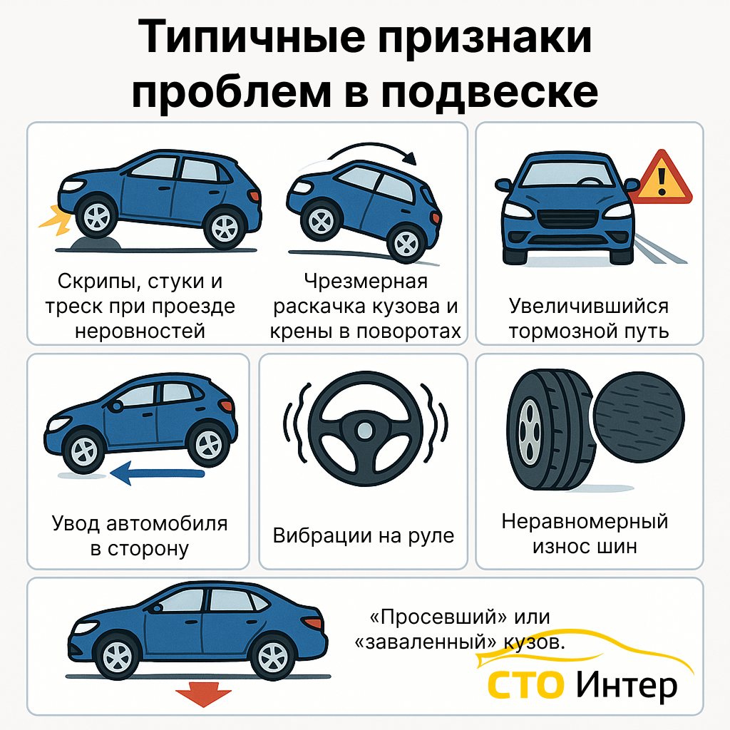 Диаграмма, показывающая семь симптомов неисправности подвески автомобиля: стук или скрежет, крен кузова, увеличение тормозного пути, увод в сторону, вибрация рулевого колеса, неравномерный износ шин и провисание кузова.